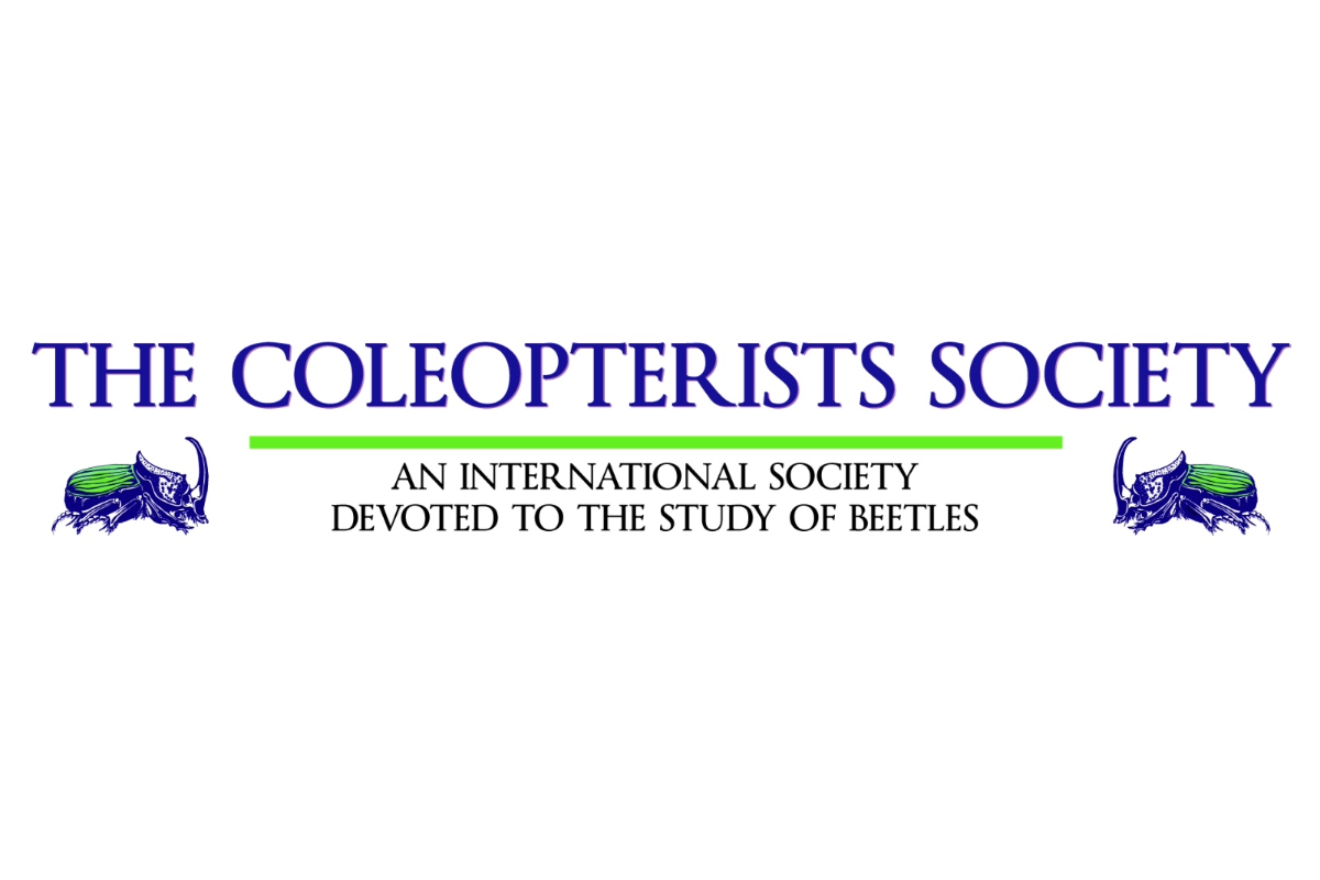 Banner da The Coleopterists Society sobre fundo branco. Na parte superior, o nome da organização aparece em letras grandes na cor azul: "THE COLEOPTERISTS SOCIETY". Abaixo, uma linha horizontal verde e o slogan em inglês: "AN INTERNATIONAL SOCIETY DEVOTED TO THE STUDY OF BEETLES" (Uma sociedade internacional dedicada ao estudo dos besouros). Nas extremidades esquerda e direita há ilustrações de besouros estilizados em azul e verde. O design é limpo, centralizado e utiliza as cores azul, verde e branco.
